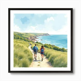 A Watercolor Of An English Coastal Path With Hikers Enjoying The Stunning Sea Views 1 Art Print