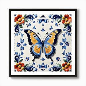 Delft Tile Butterfly in Blue III Art Print