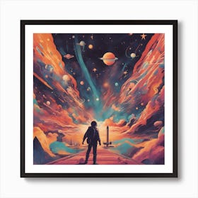 A Retro Style People Space, With Colorful Exhaust Flames And Stars In The Background 2 Art Print