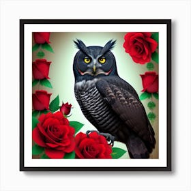 Owl With Roses 1 Art Print