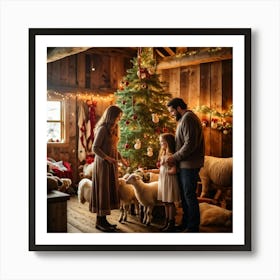 Woolly Sheep Family Gathered Around A Lavishly Decorated Christmas Tree In A Rustic Barn Holiday St Art Print