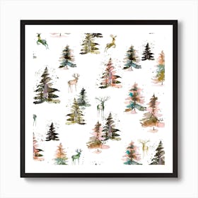 Winter Deers Forest Rustic Square Art Print