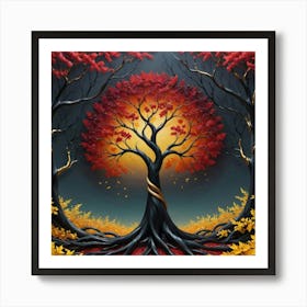 solid color gradient tree with golden leaves and twisted and intertwined branches 3D oil painting 3 Art Print