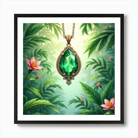 Emerald Pendant, Watercolor, Lush Tropical Garden 1 Art Print