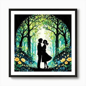 Couple In The Forest, Silhouettes Of Two People Hugging Surrounded By Elements Of Nature Flowers Trees Growing 2 Art Print