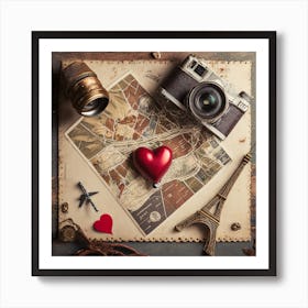 Firefly A Paris, France Vintage Travel Flatlay, Camera, Small Red Heart, Map, Stamp, Flight, Airplan Art Print