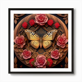 Butterfly And Roses 1 Art Print