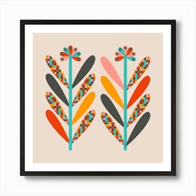 BLOOMS Mid-Century Modern Scandi Folk Floral in Vintage Retro Colours on Cream Art Print