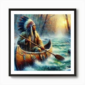 Oil Texture Native American Indian Canoeing Art Print