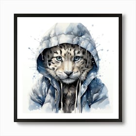 Watercolour Cartoon Snow Leopard In A Hoodie Art Print