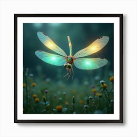 A Whimsical Dragonfly With Wings Of Shifting, Bioluminescent Light Hovering Over A Surreal Meadow 1 Art Print