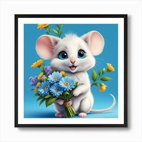 Little Mouse With A Bouquet Of Flowers Cute Fluffy Big Blue Eyes Happy Contented Smiling Widel Art Print