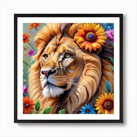 Floral Majesty: A Lion's Reverie Amidst Blossoms Art Print