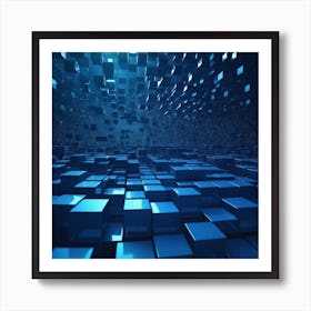 Geometric Blue Cubes Form A Grid Like Network Suspended In Mid Air, Representing The Complexity Of Digital Systems Through Futuristic 3d Visualization 1 Art Print