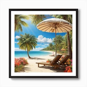 Beach Chairs And Umbrella 1 Art Print