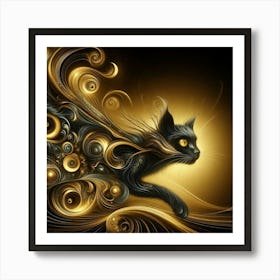 Black Cat With Gold Swirls Art Print