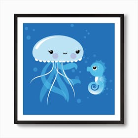 Best Friends Kawaii Jellyfish And Seahorse Square Art Print