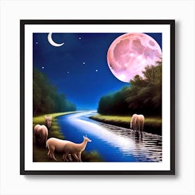 Moonlight With Llamas Art Print