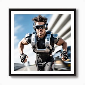 Alpha Male Model Running In High Speed, Wearing Futuristic Sonic Armor Exoskeletons And Vr Headset With Headphones Award Winning Photography With Sports Car, Designed By Apple Studio (3) Art Print