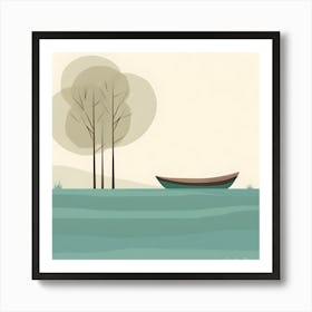 Minimalist Boat Lake Trees Nature Relaxing Art Print