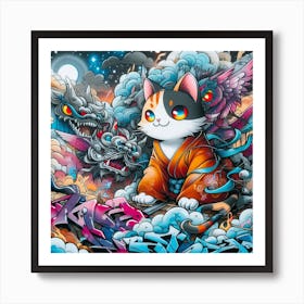 Samurai Cat Japanese Art Affiche