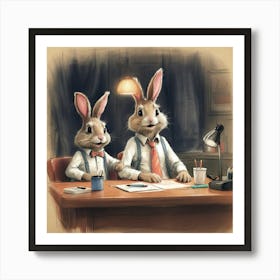 Rabbits At The Desk Art Print