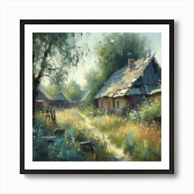 Eastern Europe (Slavic) Village, Acrylic Painting Style Art Print