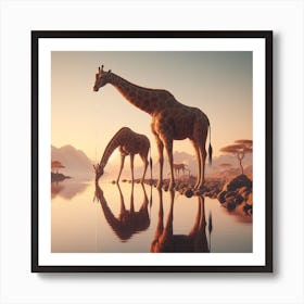 Giraffes Drinking Water Art Print