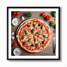 Pizza On Wooden Table Art Print