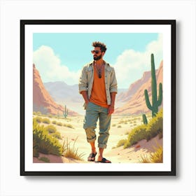 Charming Man In Watercolor Outfit, Tranquil Desert Oasis 1 Art Print