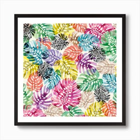 Tropical Monstera Leaves Multicolored Square Art Print