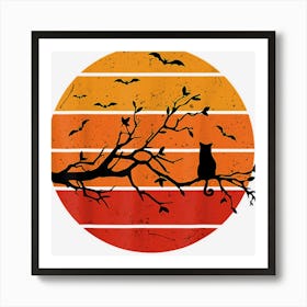 Halloween Cat And Bats Retro Sunset Art Print