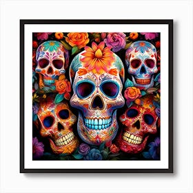 Sugar Skulls And Flowers 1 Art Print