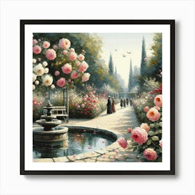 Roses In The Garden With The Fountain, Acrylic Style Painting 7 Art Print