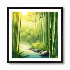 A Stream In A Bamboo Forest At Sun Rise Square Composition 105 Art Print