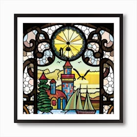 Image of medieval stained glass windows of a sunset at sea 7 Art Print