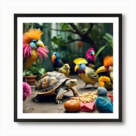 Tortoise With Feather On Is Shell Sneaking Into The Bird S Party And Making Himself At Home (2) Art Print