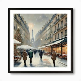 Paris cafes, winter season, Christmas, pale colors, pedestrians in the street, winter clothes, falling snow.13 1 Art Print