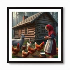 A girl with hens and a goat Art Print