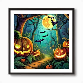 Firefly Halloween Jungle With Bats And Pumpkins Around Glowing Under The Moonlight 17457 Art Print