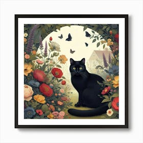 Black Cat In The Garden  Art Print