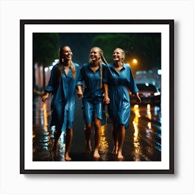 Happy Young Women In Rain Art Print