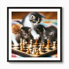 Kittens Playing Chess 3 Art Print