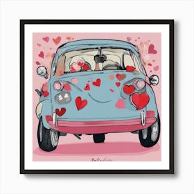 Ride on Love - Whimsical Journey in a Vintage Car Full of Hearts Art Print