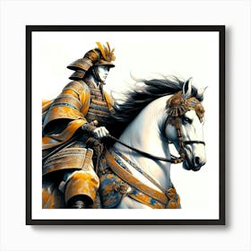 Samurai In Full Gear On His Decorated White Horse Color Deatil Drawing Art Print