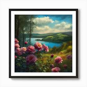 Wild Pink Roses in a Woodland Landscape Art Print