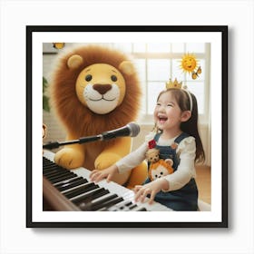 Little Girl Playing Piano With Lion 1 Art Print