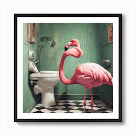 Flamingo In Bathroom 3 Art Print