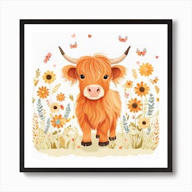 Floral Baby Highland Cow Nursery Illustration (28) Art Print