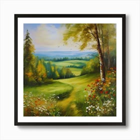 Landscape With Trees And Flowers.Canada's forests. Dirt path. Spring flowers. Forest trees. Artwork. Oil on canvas. Art Print